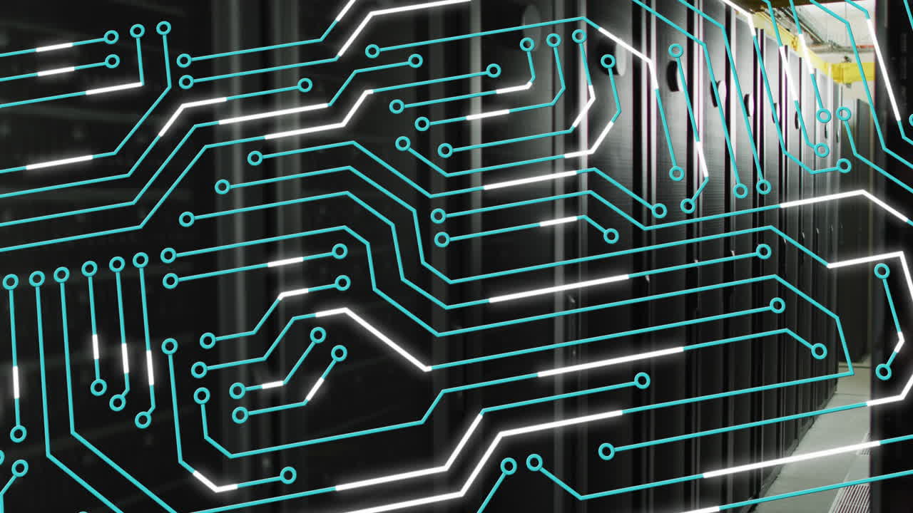 Animation of circuit board over computer servers