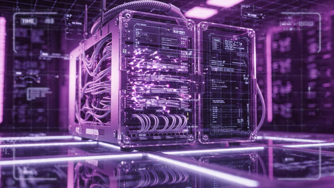 Advanced Data Processing Unit with a Stunning Purple Glow, Showcasing Intricate Wiring and Modern Technology in a High-Tech Server Environment