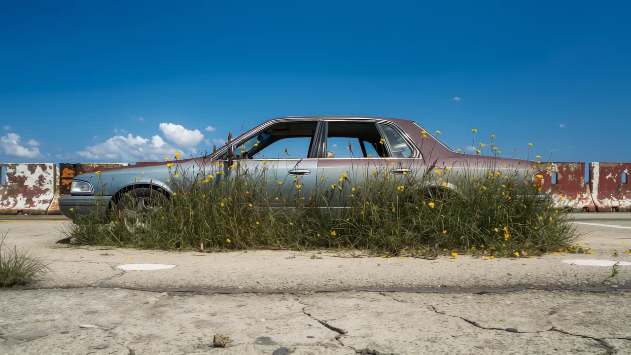 Showing timelapse of grasses and yellow flowers growing around sedan at guardrail, obscuring wheels