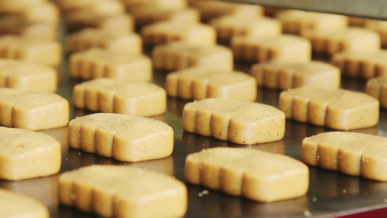 Biscotti dolci sulla linea di produzione. Prodotti da forno sulla linea di produzione in fabbrica alimentare.