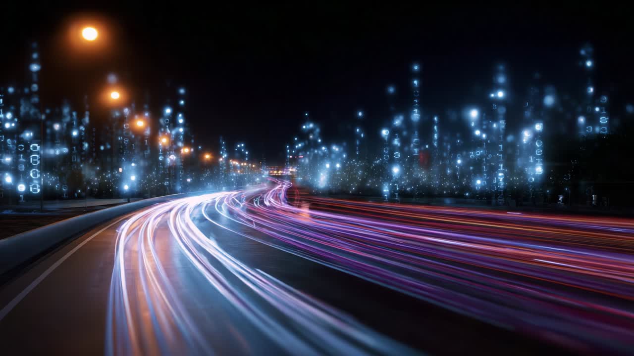 Un affascinante paesaggio urbano notturno catturato in due inquadrature, che mostra il movimento dinamico delle luci dei veicoli illuminate che serpeggiano attraverso un vivace ambiente urbano pieno di grattacieli luminosi