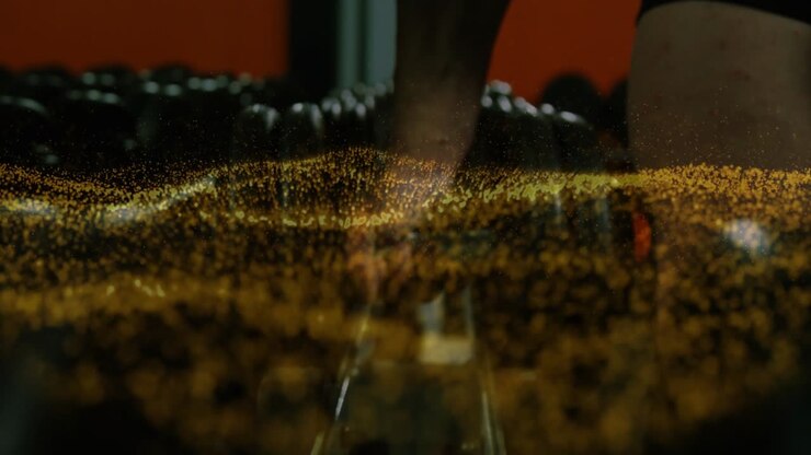 Hand entering frame, sliding over weights as gold dust rising, gripping, lifting weight for workout