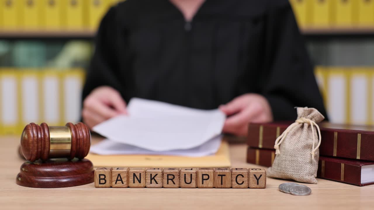 Bankruptcy concept with gavel and wooden blocks