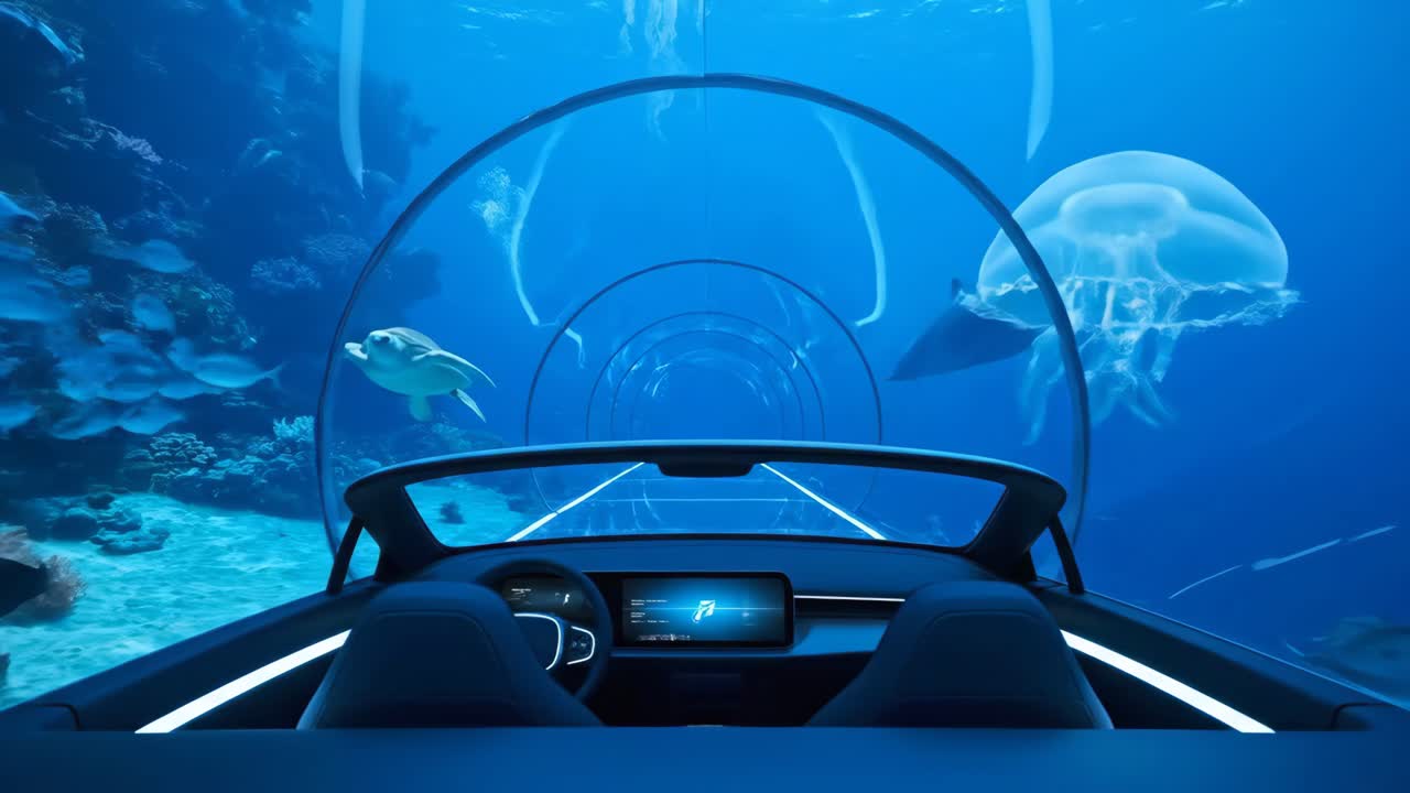Car Interior View of Underwater Tunnel with Dolphins