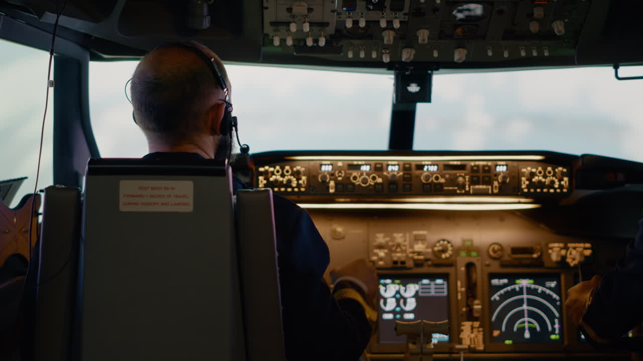 Male airline captain fixing altitude and longitude buttons