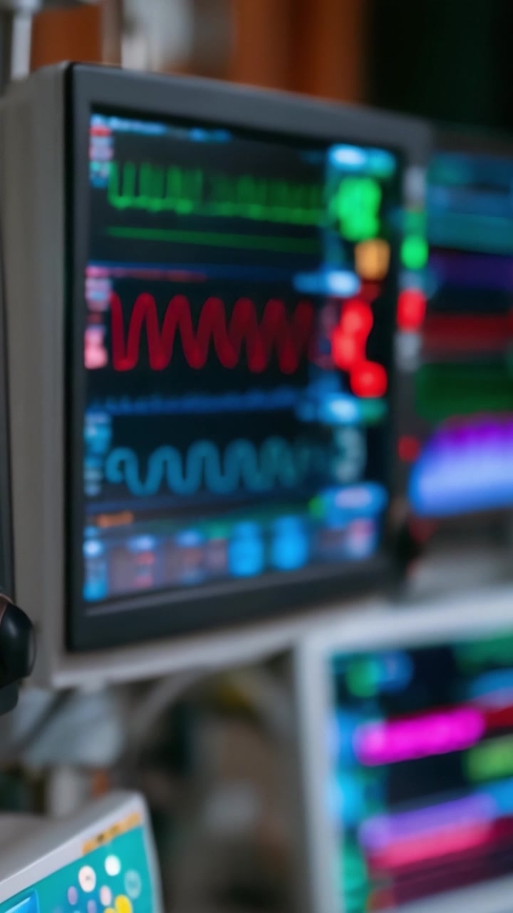 Advanced Medical Monitors Displaying Vital Signs Patterns in a Healthcare Environment, Illustrating Real-Time Monitoring for Patient Care Management