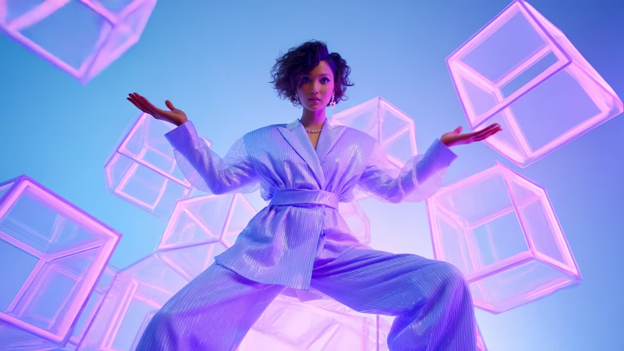 An Empowering Fashion Moment with Stylish Model in an Eye-catching Outfit Posing Confidently Amidst Artistic Floating Cubes in a Vividly Lit Setting with a Striking Blue and Purple Color Scheme