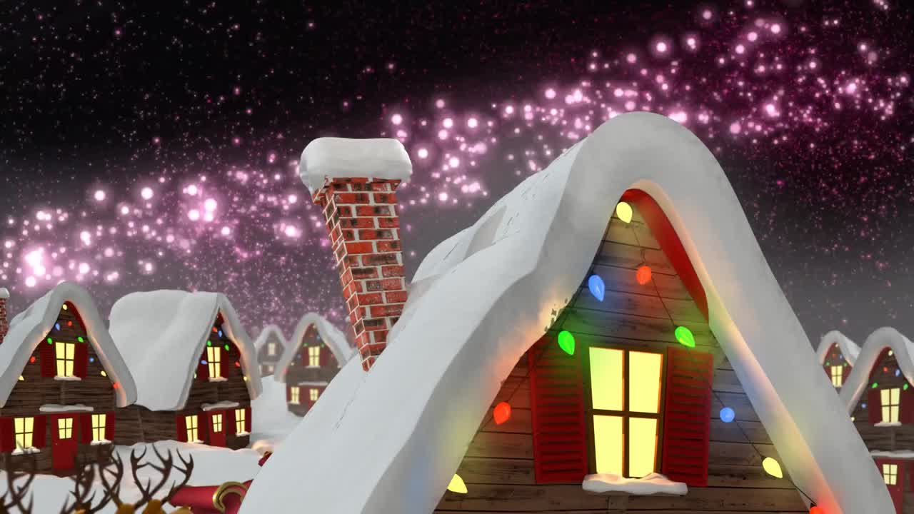 요정의 불빛으로 집 위에 내리는 눈의 애니메이션