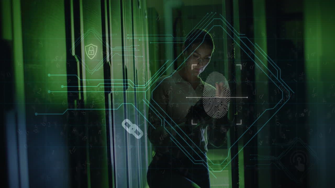 animación de huellas dactilares biométricas sobre una mujer caucásica con una tableta por servidores informáticos