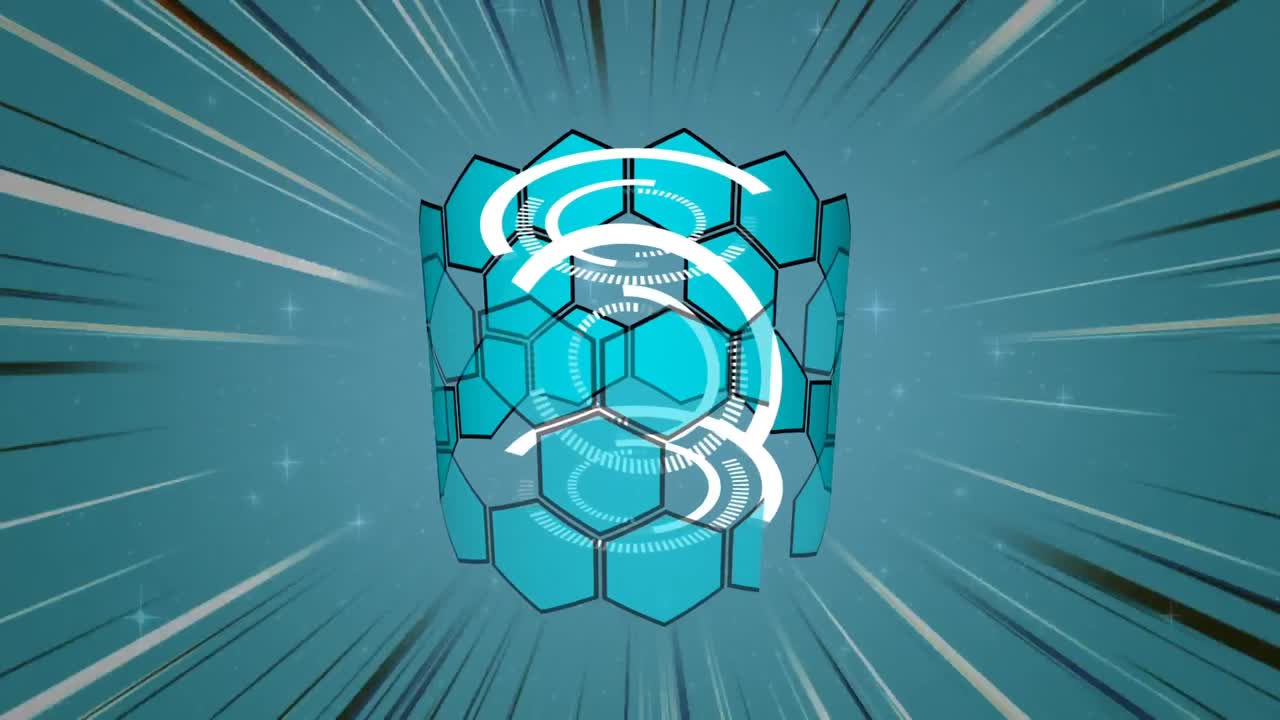 formas hexagonales girando alrededor de un círculo digital sobre un fondo azul