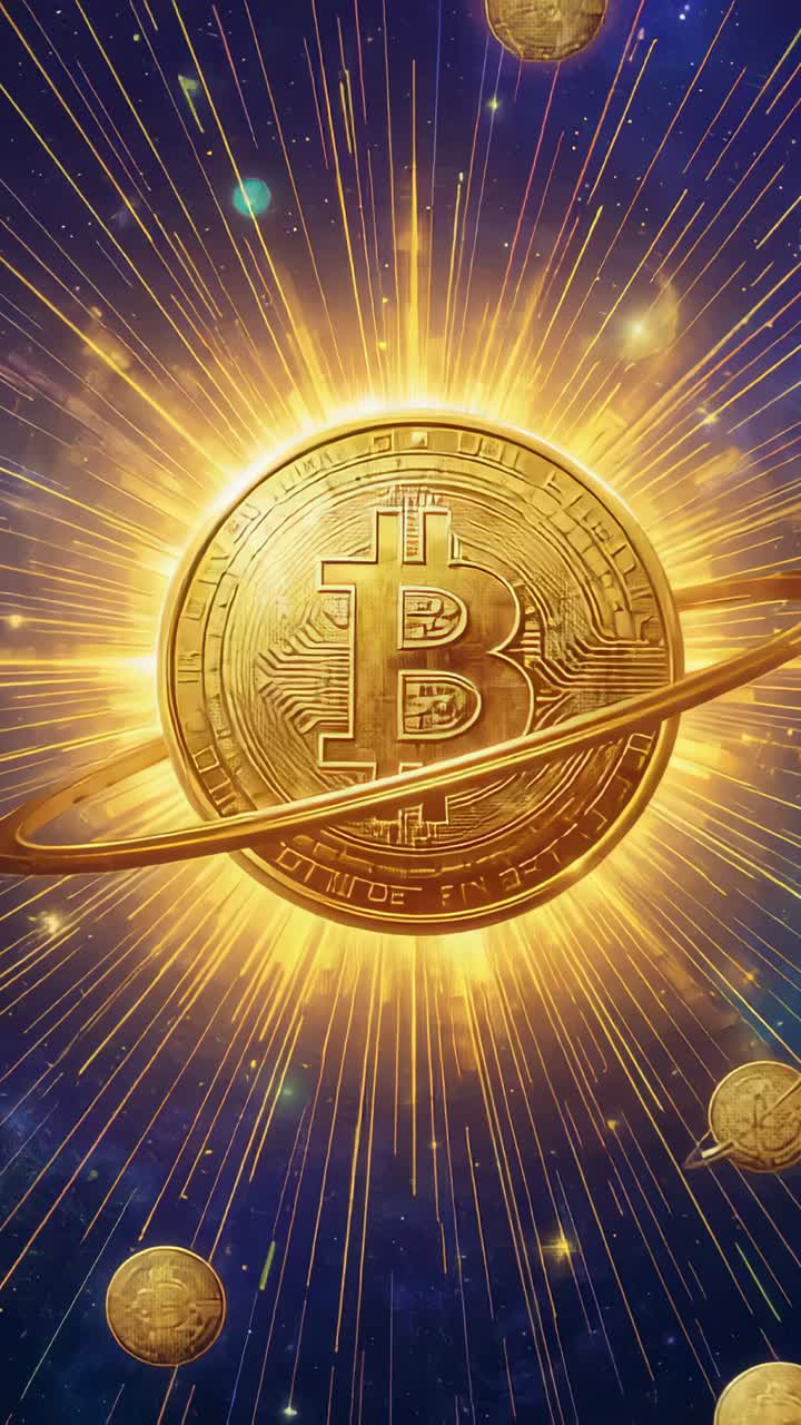 Vertical video: Pulsing halo starting gold Bitcoin coin zooming in space, ring revealing embossed B