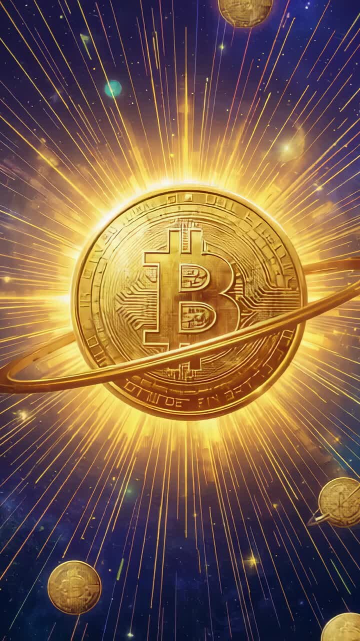 Vídeo vertical: halo pulsante começando com uma moeda Bitcoin dourada em zoom no espaço, anel revelando um B em relevo