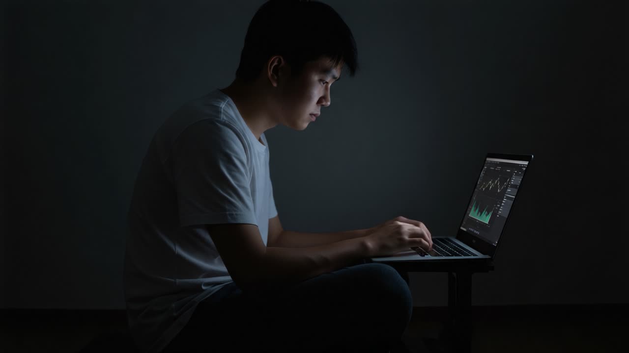 Focused Individual Analyzing Data on Laptop During Nighttime, Illuminated by Screen Light, Showcasing Deep Concentration and Digital Engagement