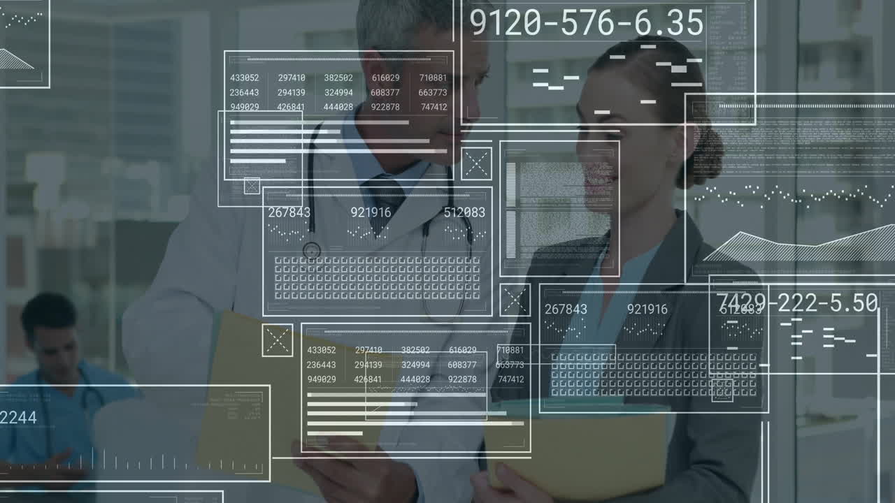 Doctor and healthcare administrator reviewing patient files in clinic, showing floating data charts