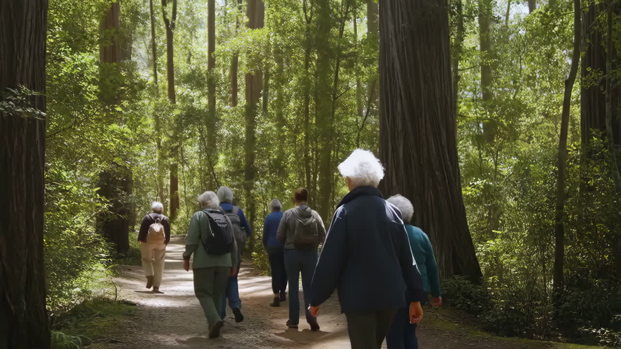 Group Walking Through a Sunny Forest Trail