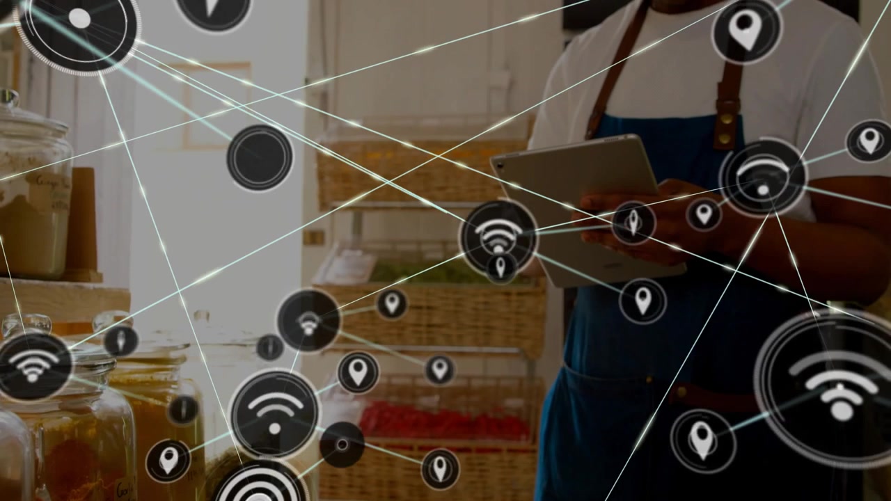 Tapping tablet, shopkeeper scanning jars with pins and WiFi icons expanding to verify inventory