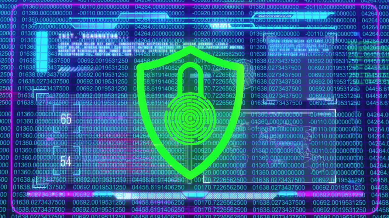 Animation of red padlock over digital code and binary data background