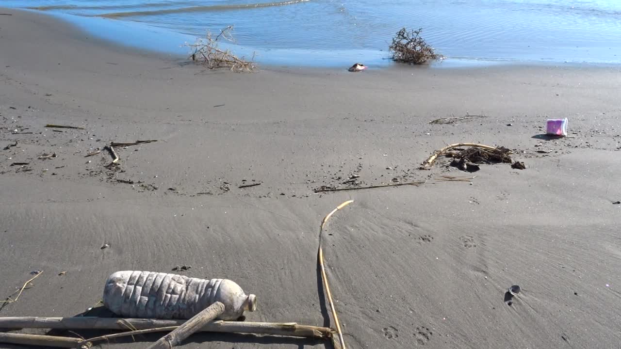 우리 행성의 플라스틱 오염의 범위를 보여주는 해변의 플라스틱 병