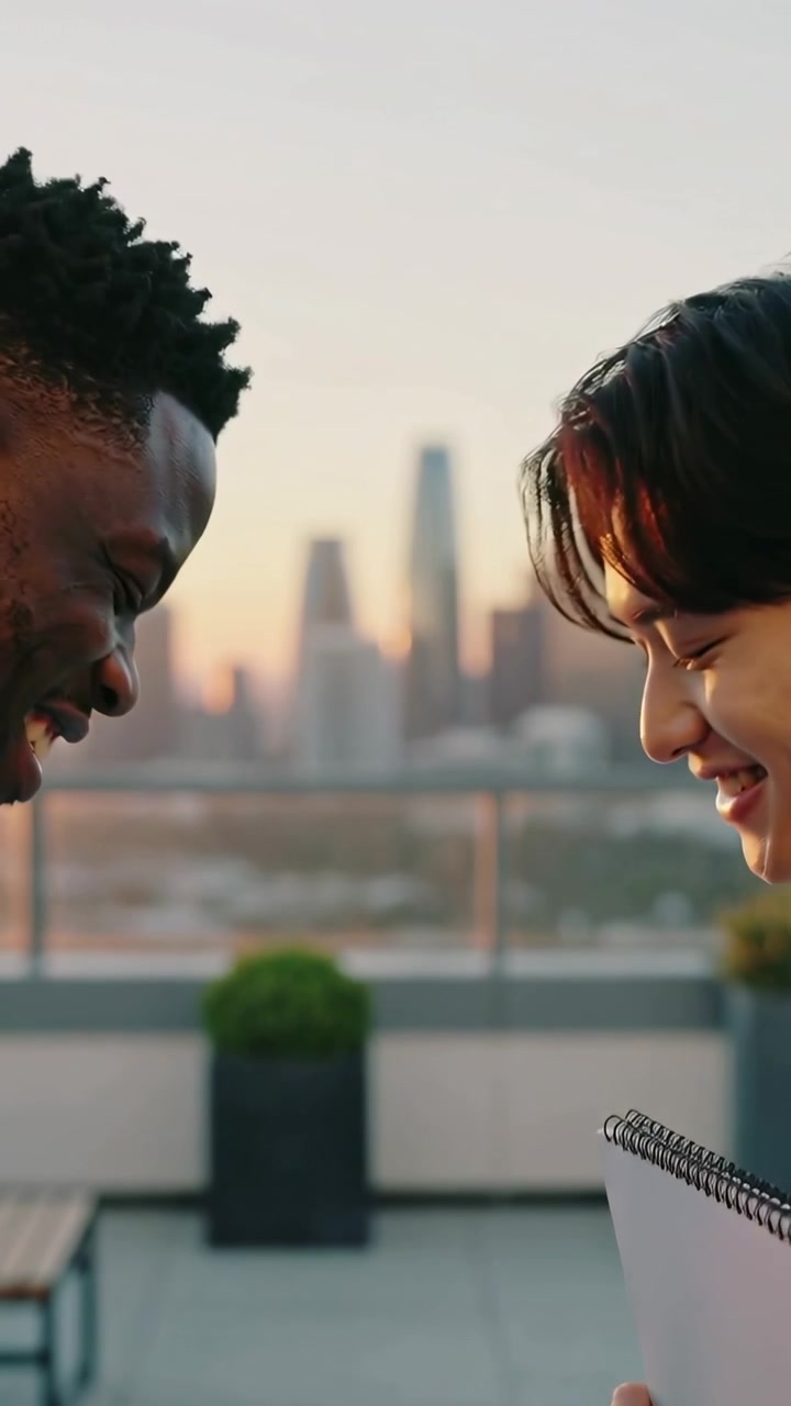 Vertical video: Clasping, man left, woman right meeting on rooftop holding spiral notebook, blazer