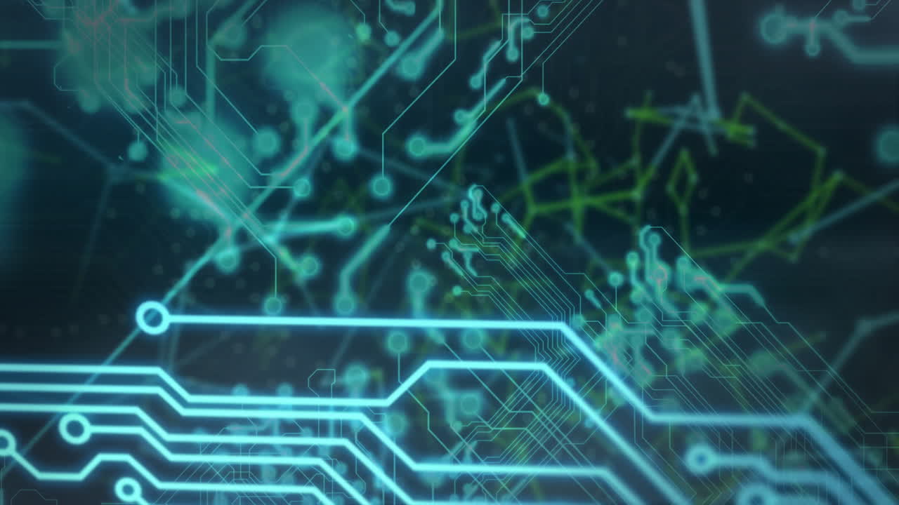 Animation of glowing nodes and digital circuit lines forming network connections
