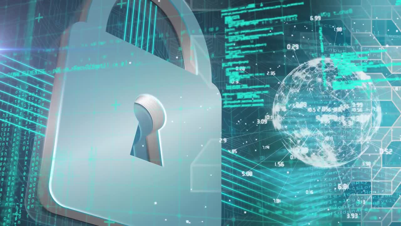 animación del candado de seguridad en línea con procesamiento de datos y globo en el fondo