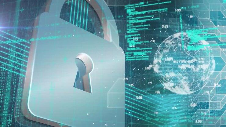Animation of online security padlock with data processing and globe in background