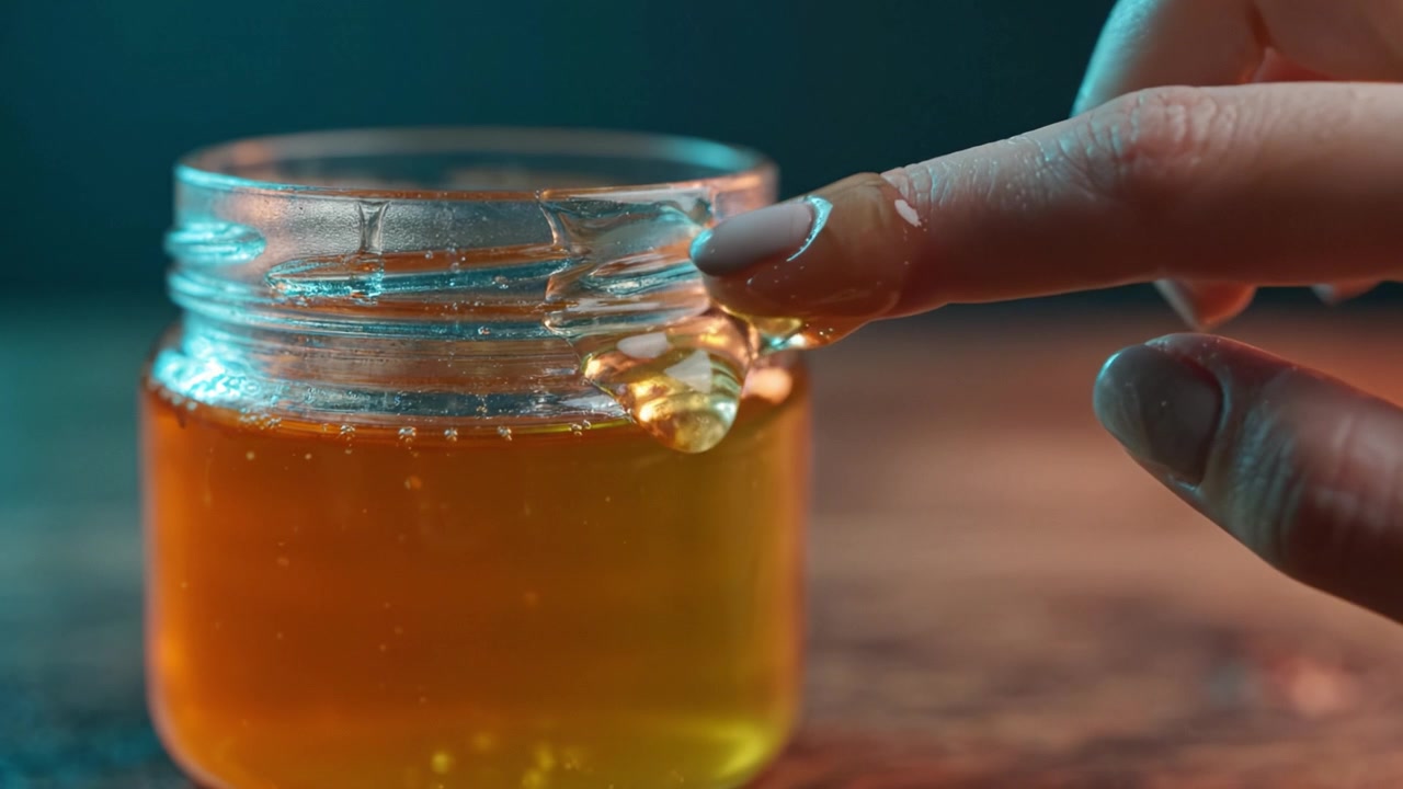 Primo piano di un barattolo di miele con miele che cola, evidenziando la dolce consistenza e la viscosità della sostanza naturale su una superficie di legno.