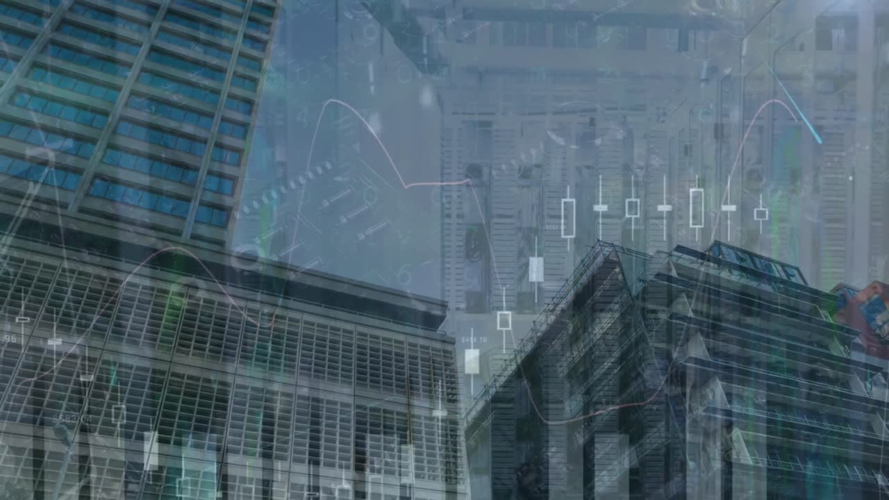 도시 풍경 위의 금융 데이터 처리 애니메이션