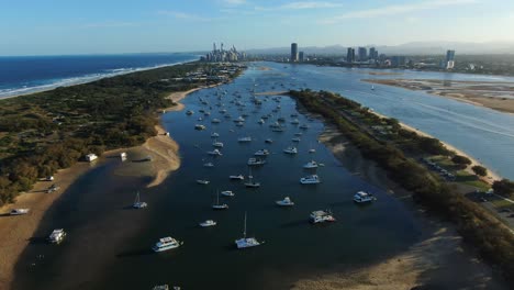 marine stadium, descending looking at surfers paradise,yachts moored sunset,peaceful