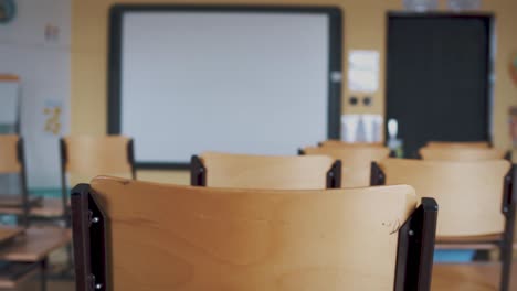 an empty classroom ready for teaching.  camera tilt up.