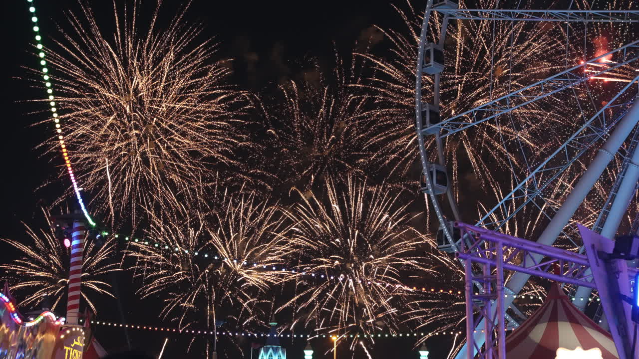 Fireworks Display at an Amusement Park at Night