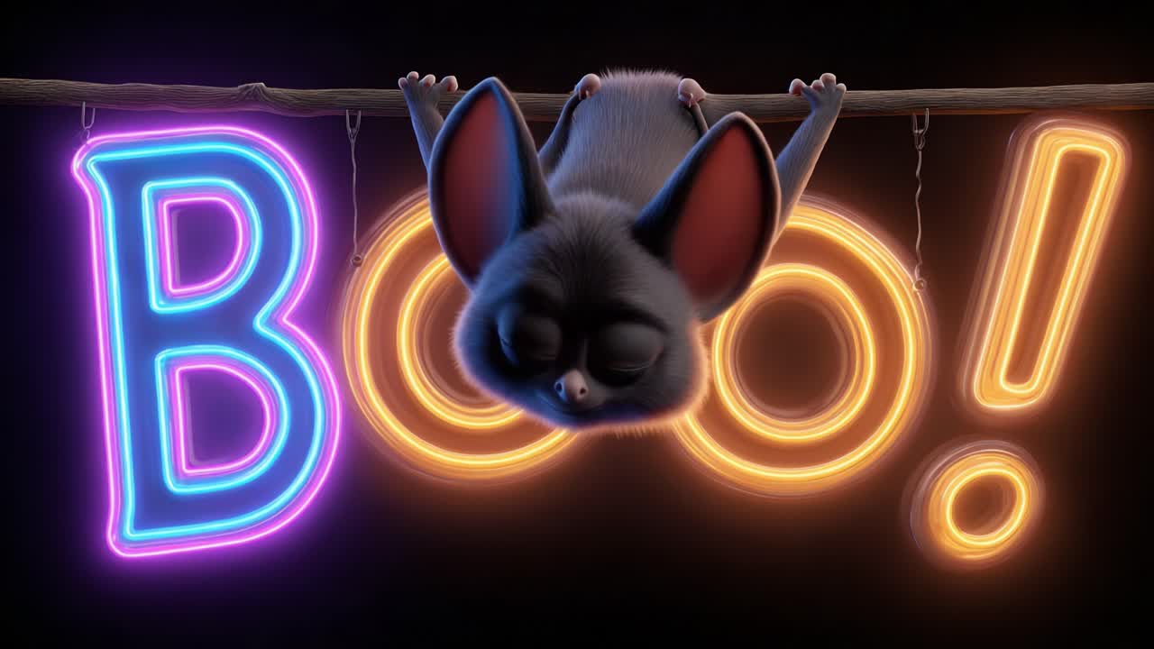 A Charming Animated Bat Hanging Playfully Above a Brightly Lit Sign That Reads 'BOO!' in Neon Colors, Perfect for Halloween Festivities and Celebrations