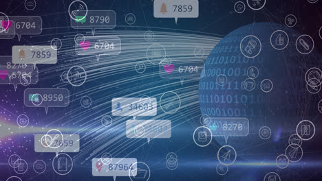 animation of social media icons and numbers over binary coding globe