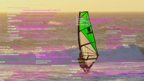 windsurfer on ocean waves with programming code animation over scene