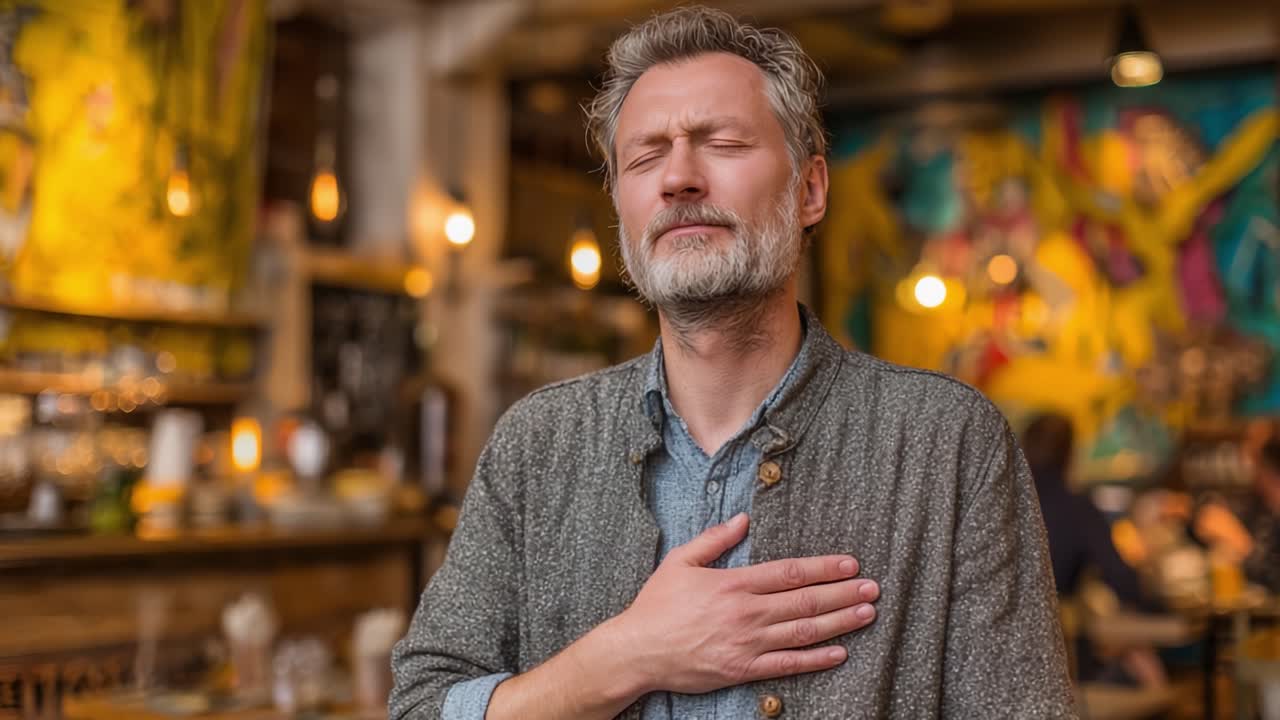 En mand oplever rene følelser på en hyggelig café, finder indre ro og eftertanke midt i en levende og kunstnerisk atmosfære, forbinder sig med sine følelser i øjeblikket