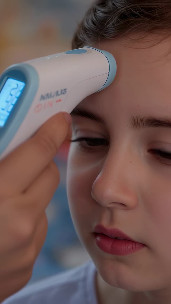 Vertical video: Pressing adult holding thermometer against child's temple at home, checking temp