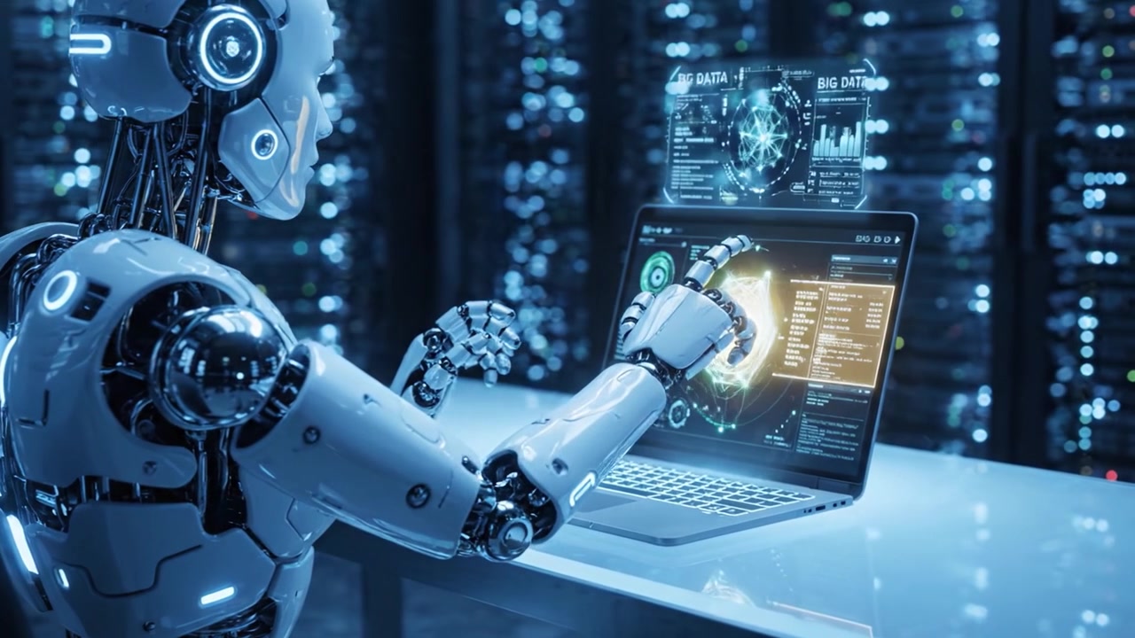 Advanced Robotics Processing Data in a High-Tech Environment: A Futuristic Look at AI Systems Engaging with Complex Data Analytics and Visualization