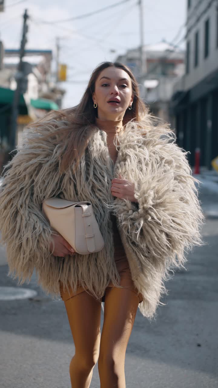 A fashionable woman walks confidently down an urban old street, showcasing a bold, oversized gray fur coat paired with leggings and heels, blending high fashion with an ancient Korean city backdrop