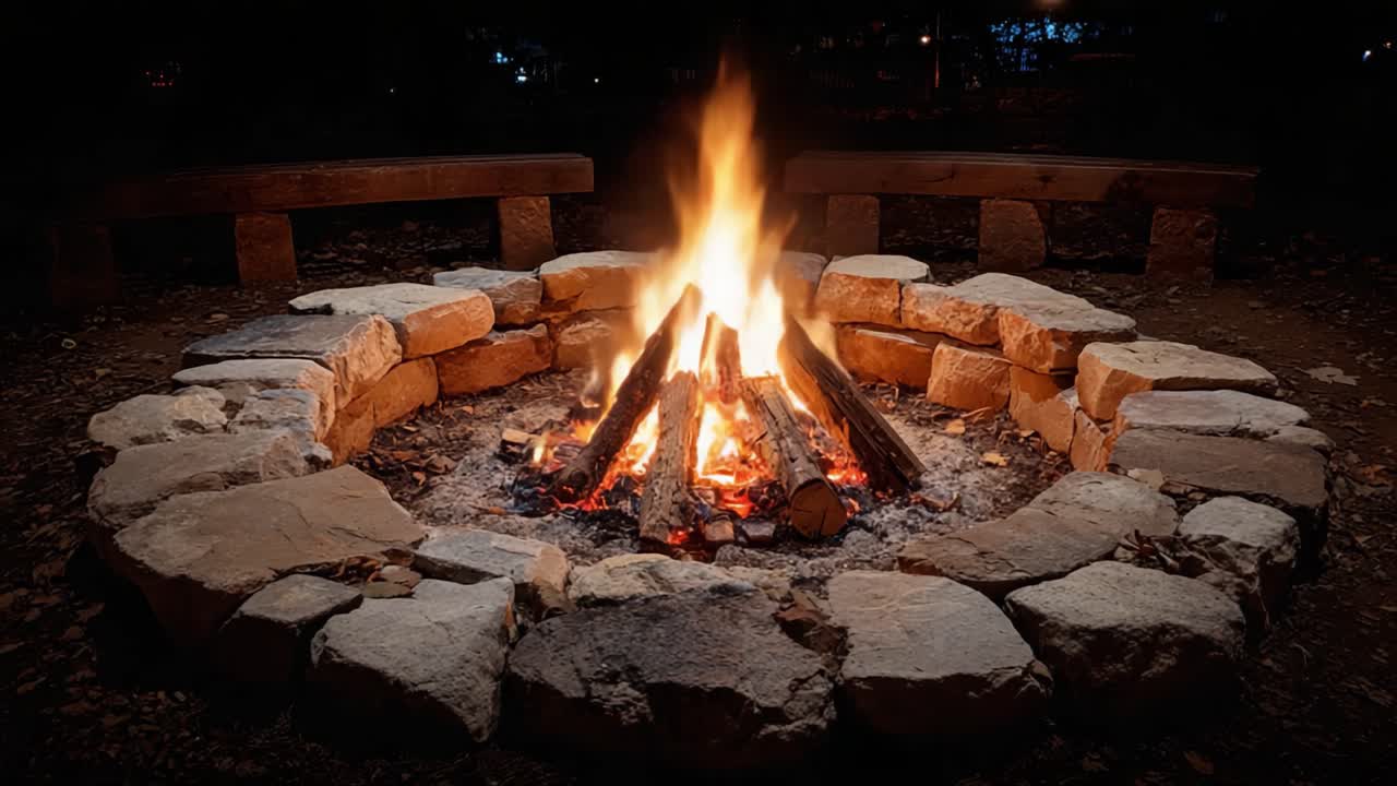 Uma Noite Aconchegante na Fogueira: Desfrutando do Calor Acolhedor das Chamas Cercada por Assentos de Pedra e uma Atmosfera Externa Encantadora