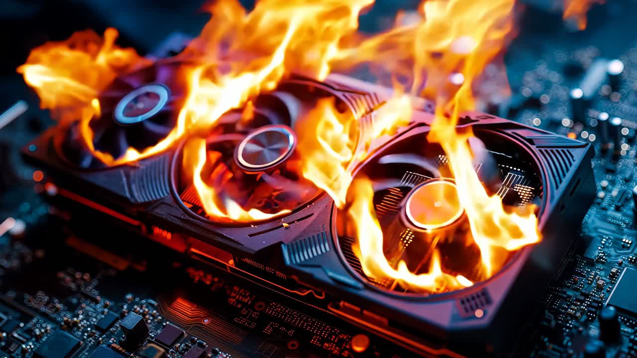 una placa base de computadora con un ventilador ardiente en la parte superior