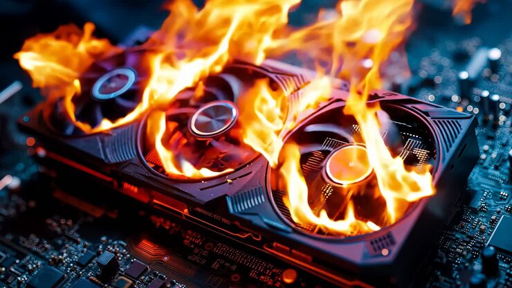 A computer motherboard with a burning fan on top of it
