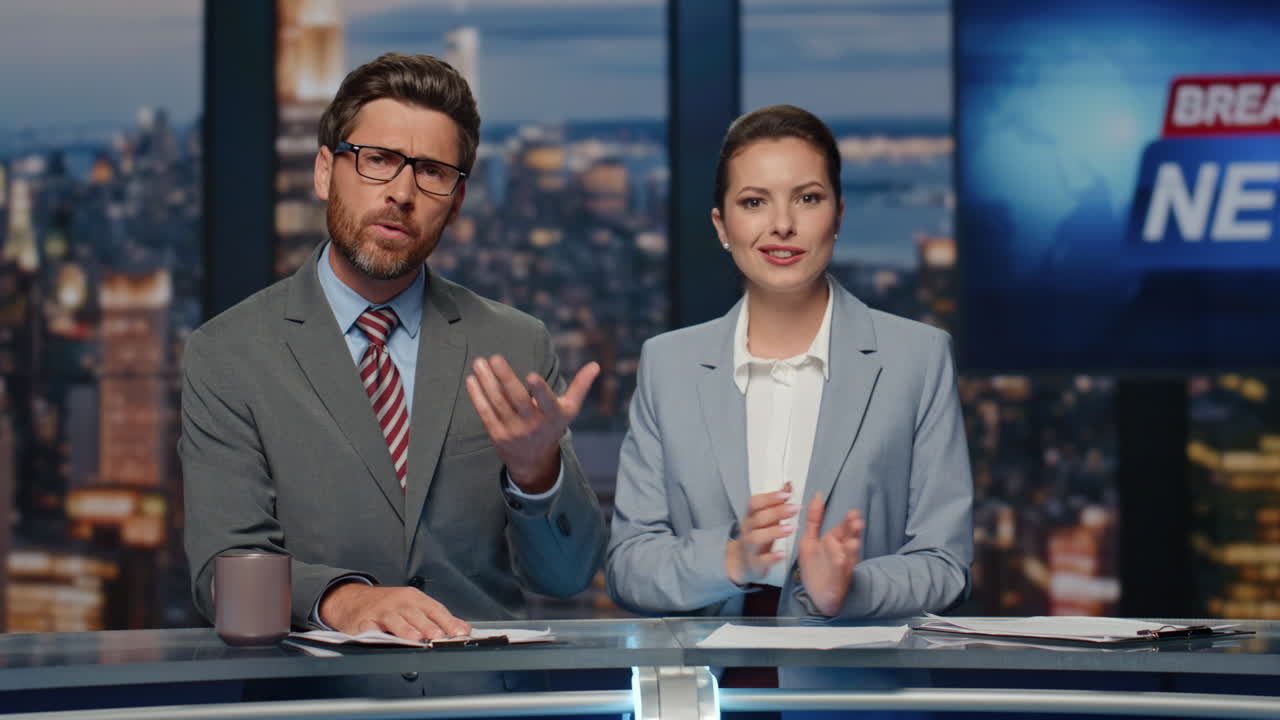Team reporters discussing news making evening broadcast closeup. Anchors talking