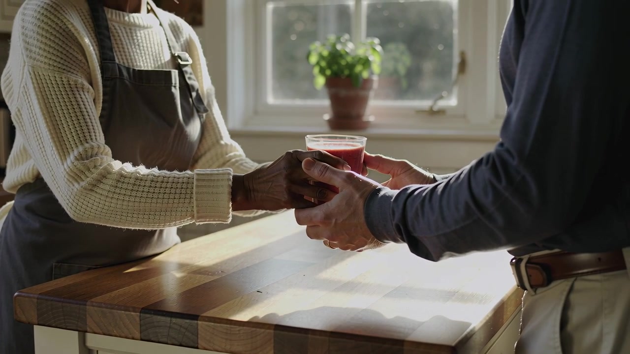 Right man in blue shirt reaching, left woman in apron serving glass across kitchen island, drink