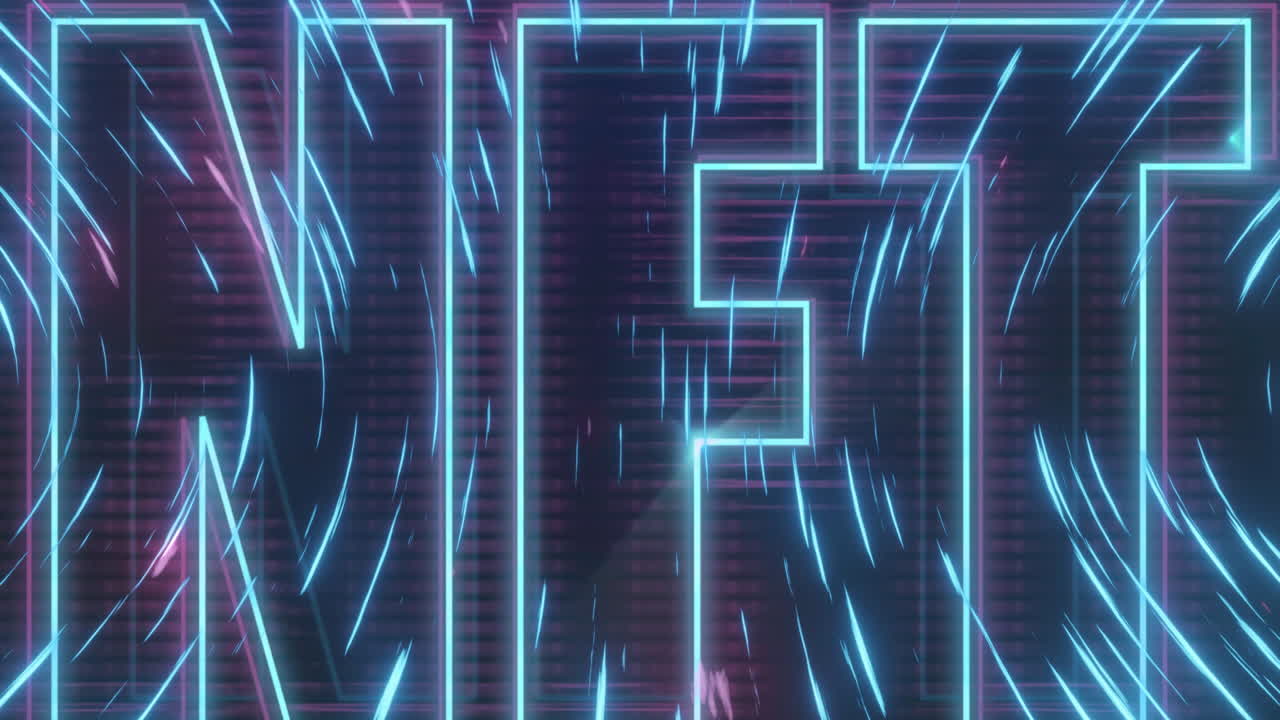 Neon nft text banner over glowing light trails spinning against black background