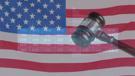 animation of data processing over hammer and flag of usa