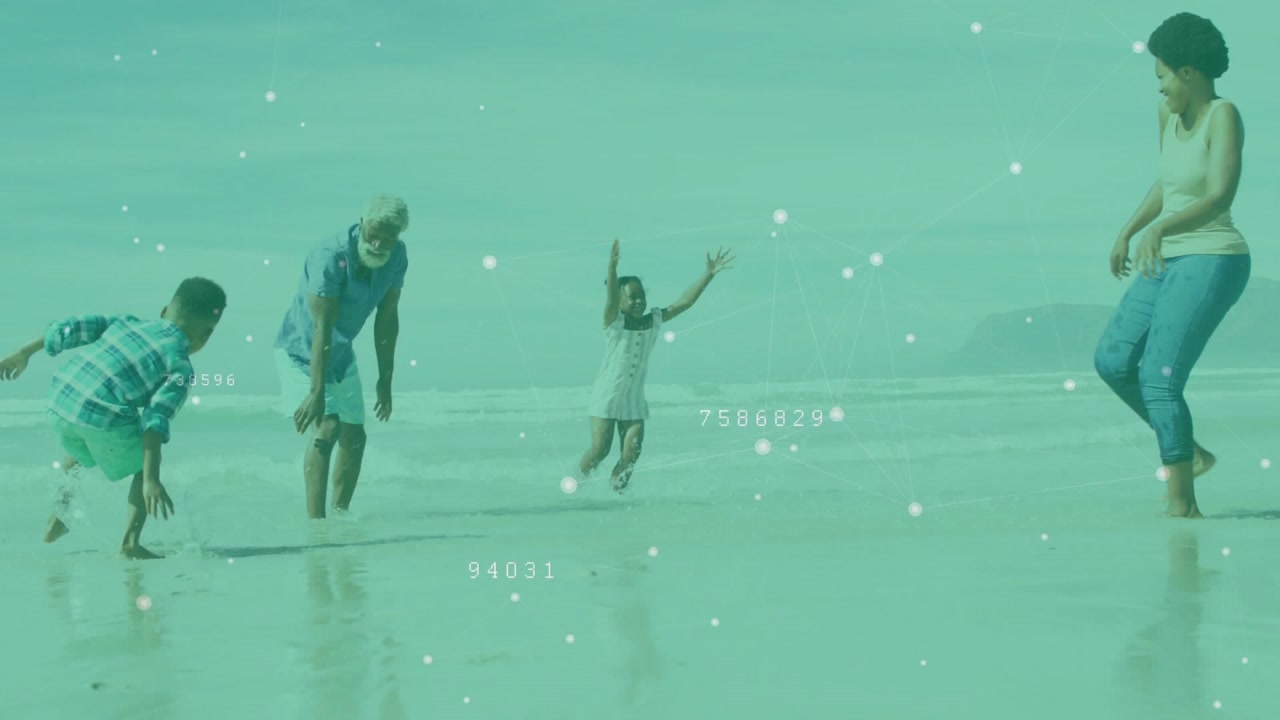 Boy running starting family play on shore, teal numeric overlay tracking motion for technology