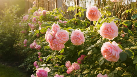 a vibrant garden full of blooming pink roses in soft sunlight