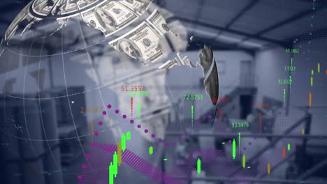 Animation-Eines-Globus,-Der-Sich-Aus-Dem-Drehen-Amerikanischer-Dollars-Und-Der-Statistikverarbeitung-über-Dem-Lagerhaus-Zusammensetzt