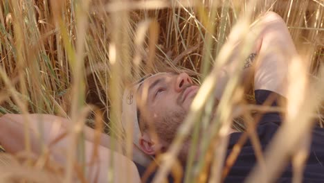 Portrait-of-a-young-man-with-a-beard-reflecting-lying-on-the-ground-in-a-wheat-field