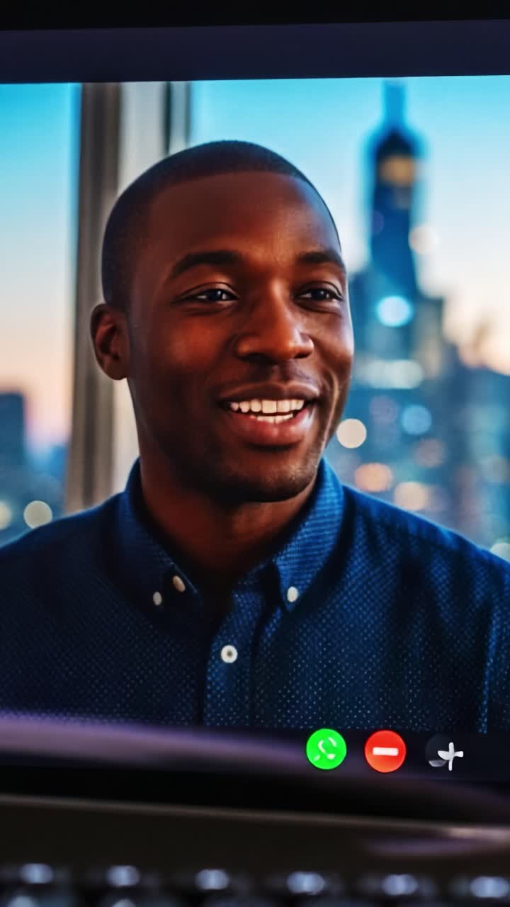 A Happy Virtual Conversation: Engaging Dialogue Captured in Frames from a Video Call with a Smiling Man Against a City Skyline Background